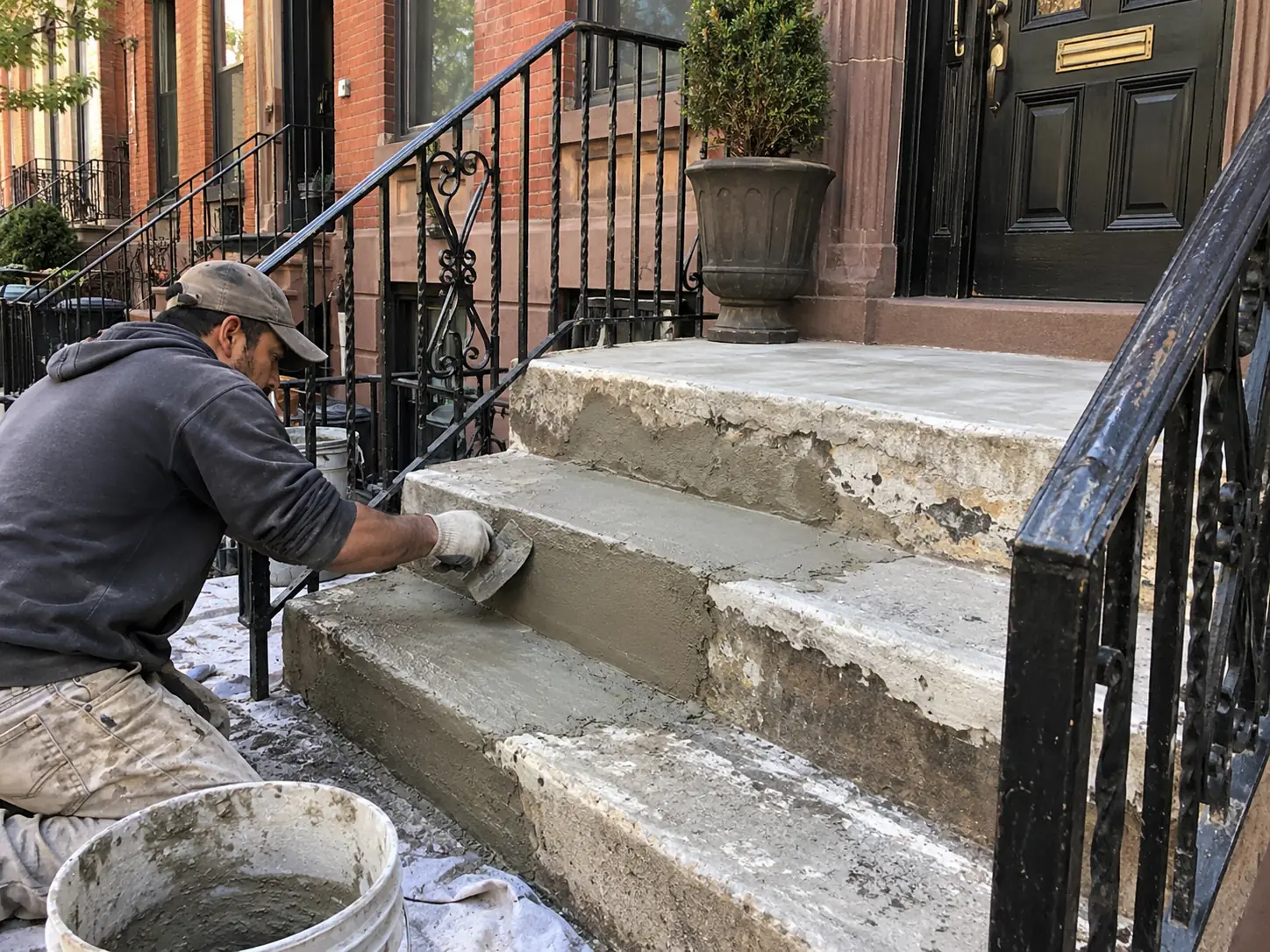 Masonry contractor repairing damaged brick and mortar around an NYC stoop