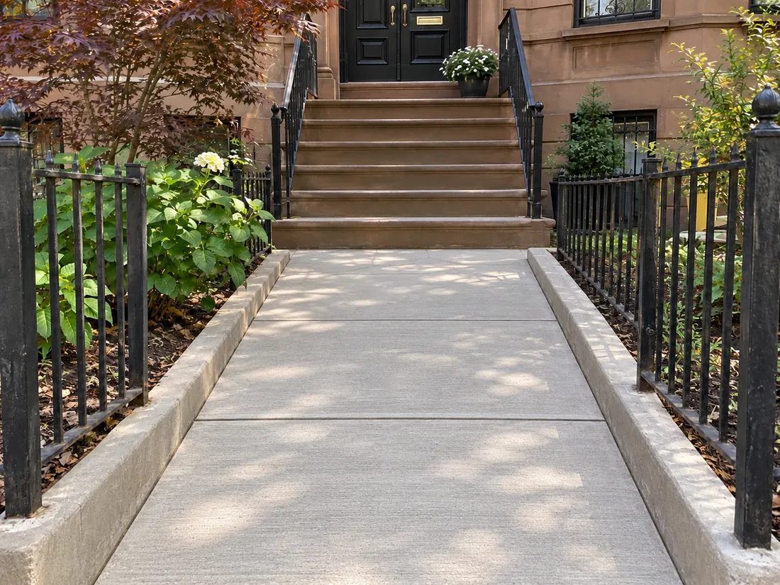 Newly installed concrete entrance walkway with a smooth broom finish and control joints outside a Brooklyn brownstone.