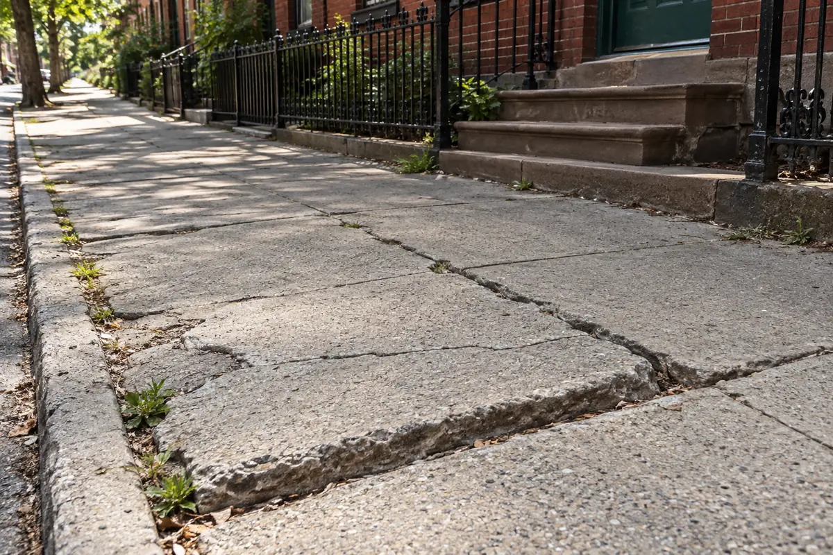 Broken and deteriorated sidewalk concrete before replacement outside an NYC property
