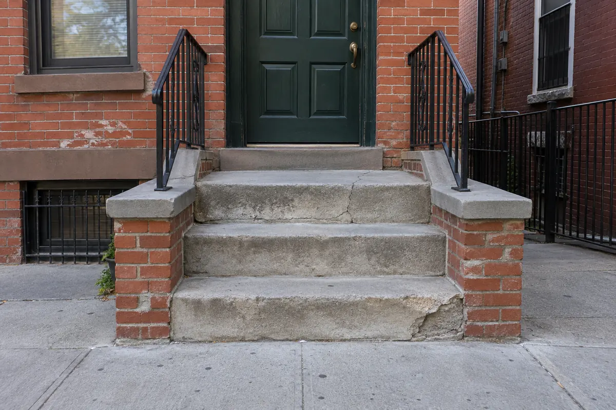 Cracked and uneven concrete entrance steps before stoop restoration in New York City