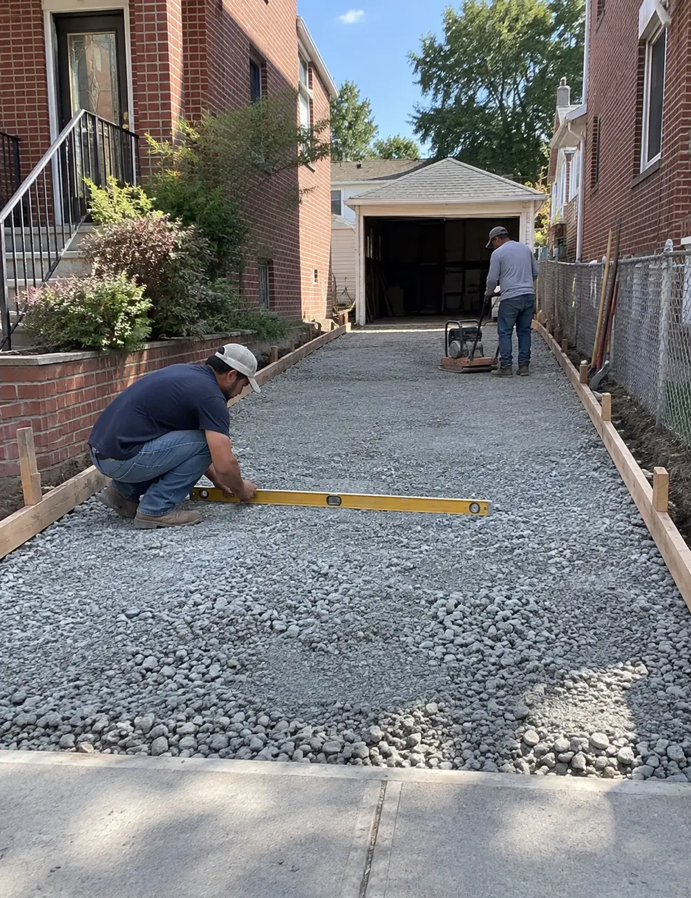 Workers leveling and compacting an aggregate base for a residential concrete driveway before concrete installation.