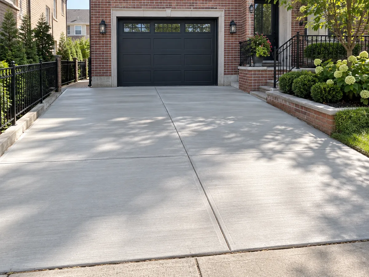 Newly installed concrete driveway leading to a residential garage with clean joints and a durable finished surface