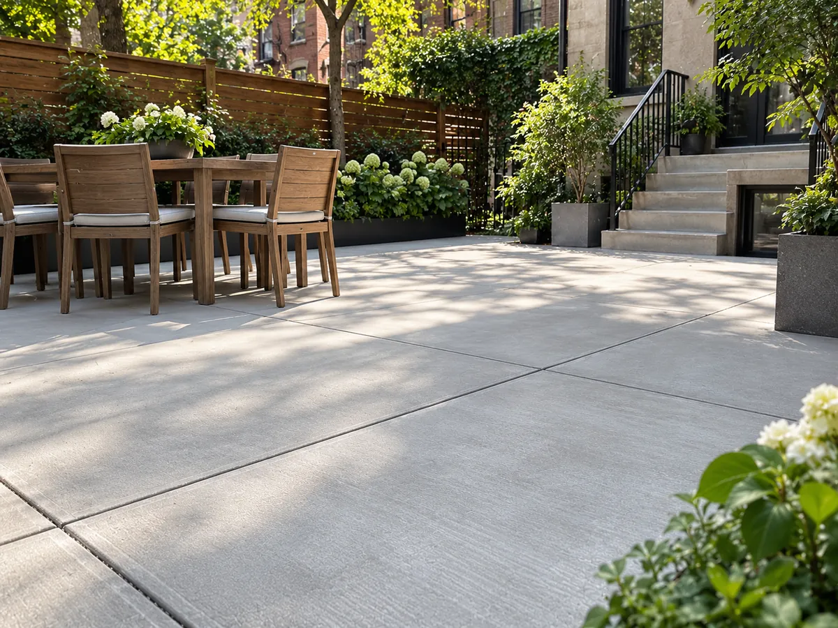 Finished concrete patio with outdoor dining furniture and landscaped garden at an NYC residential property
