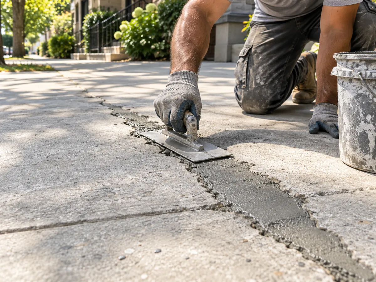 Concrete repair worker using a trowel to fill and smooth a damaged section of an existing concrete surface