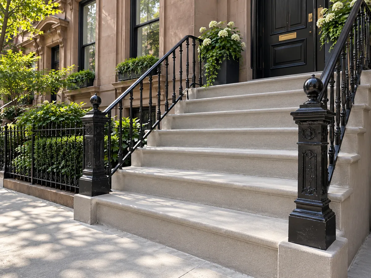 Finished concrete stoop and entrance steps with black iron railings outside an NYC brownstone property
