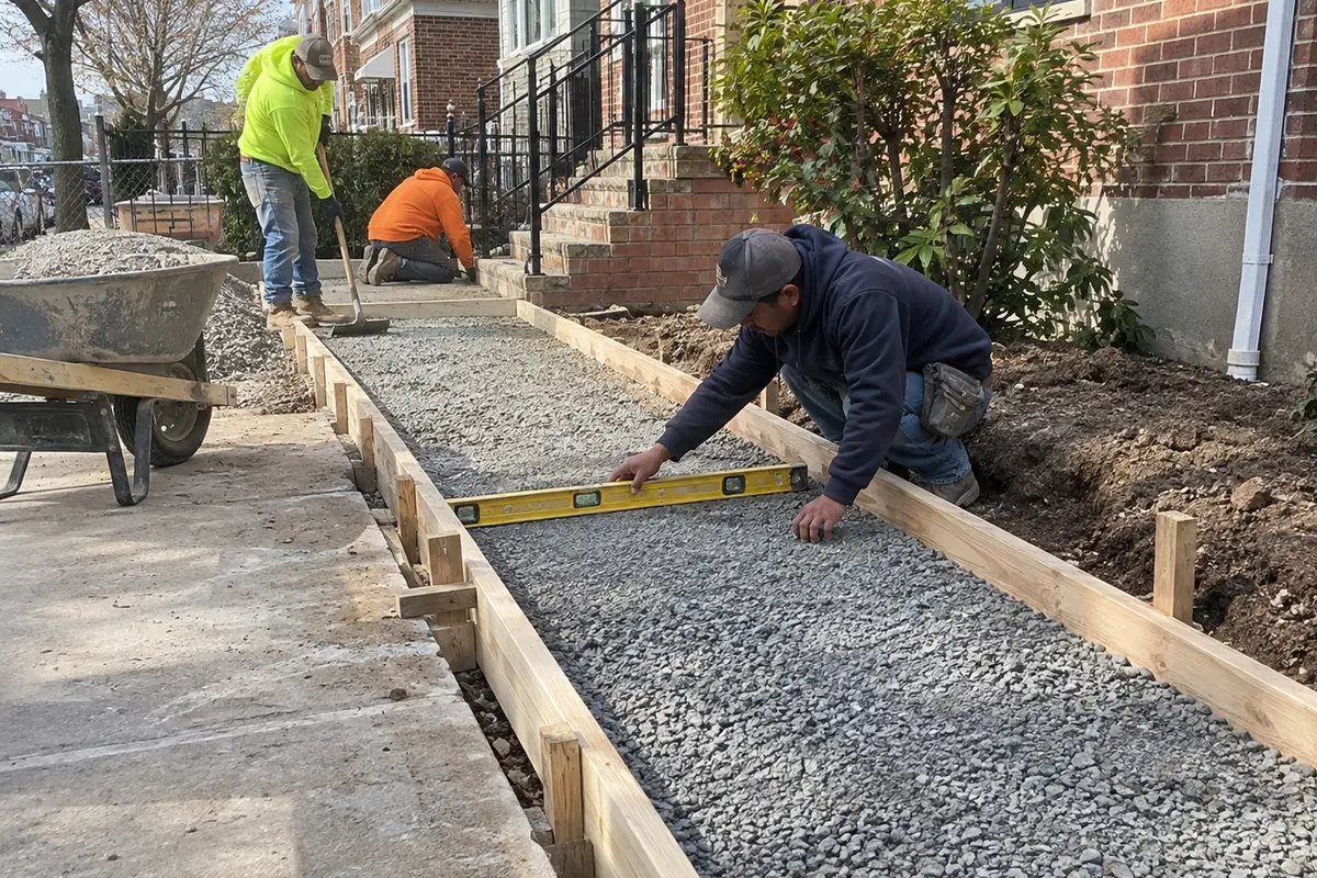 Workers preparing and leveling the base for a concrete walkway installation in NYC