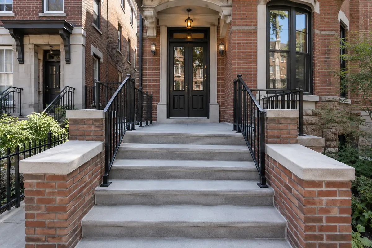 Finished concrete stoop, steps and railings at a brick residential property in New York City