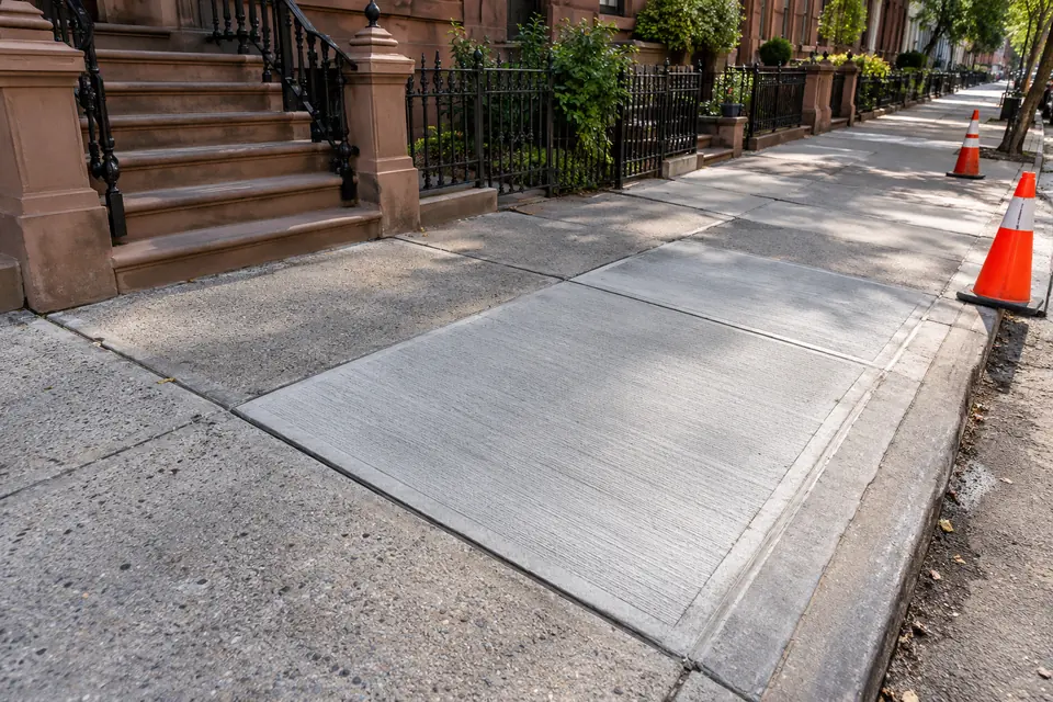 Fresh concrete sidewalk flag replacement beside an NYC property entrance