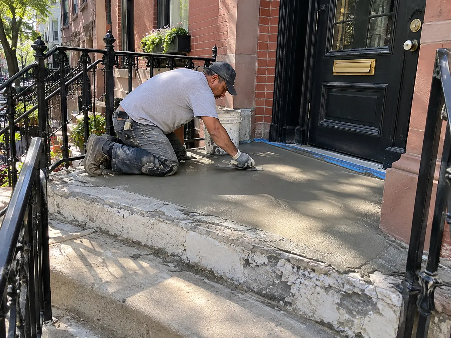 Contractor resurfacing a worn concrete porch landing outside an NYC brownstone