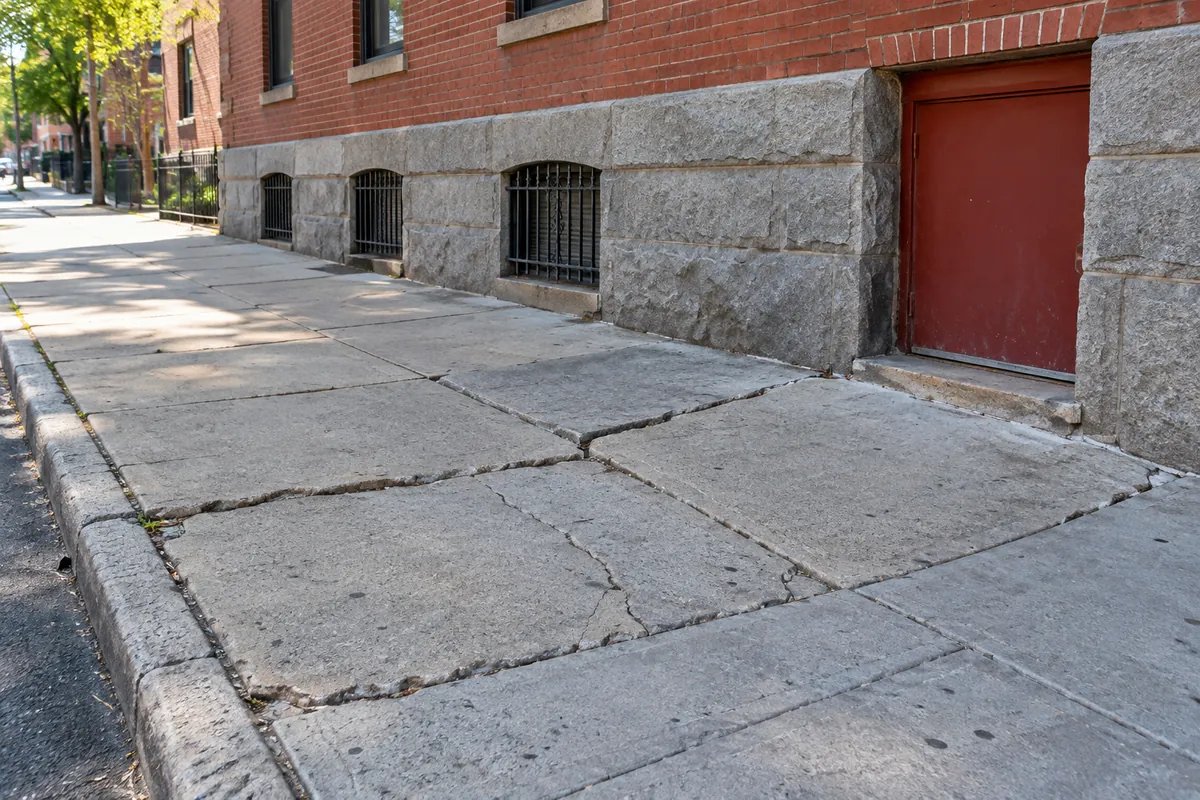 Broken and uneven sidewalk slabs before concrete replacement at an NYC property