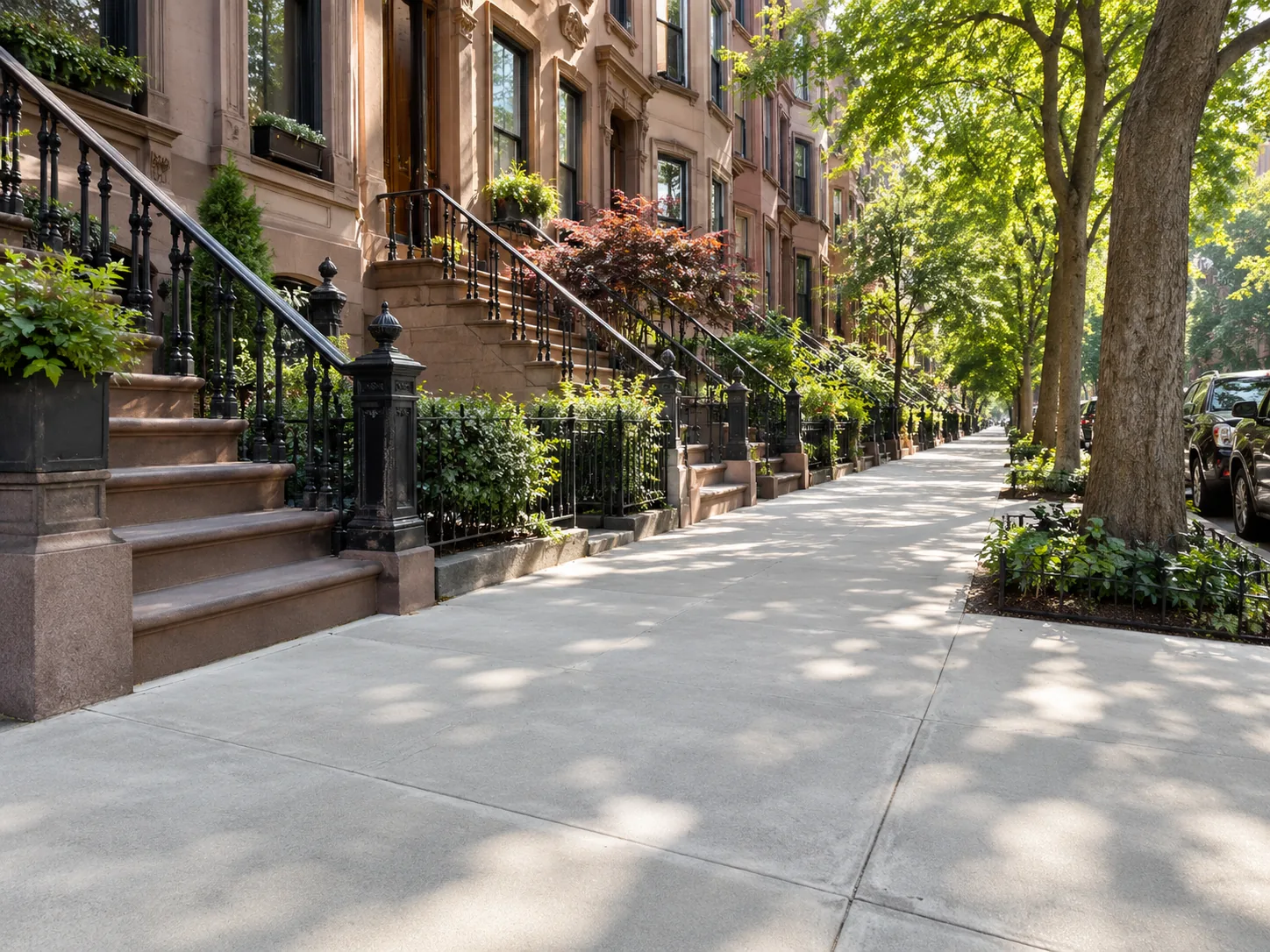Newly installed concrete sidewalk along a tree-lined Brooklyn brownstone street with residential stoops and iron railings.