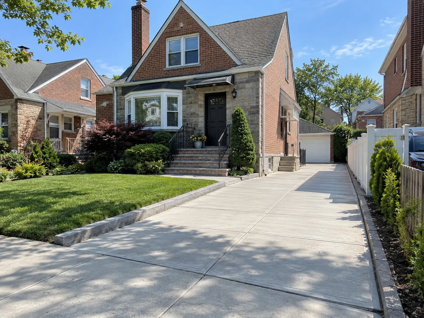 Newly installed concrete driveway and walkway leading to a brick residential home with a detached garage in Queens, NYC.