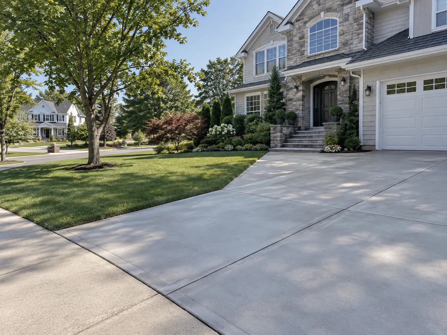 Finished concrete driveway leading to a residential garage at a Staten Island home with a landscaped front yard.