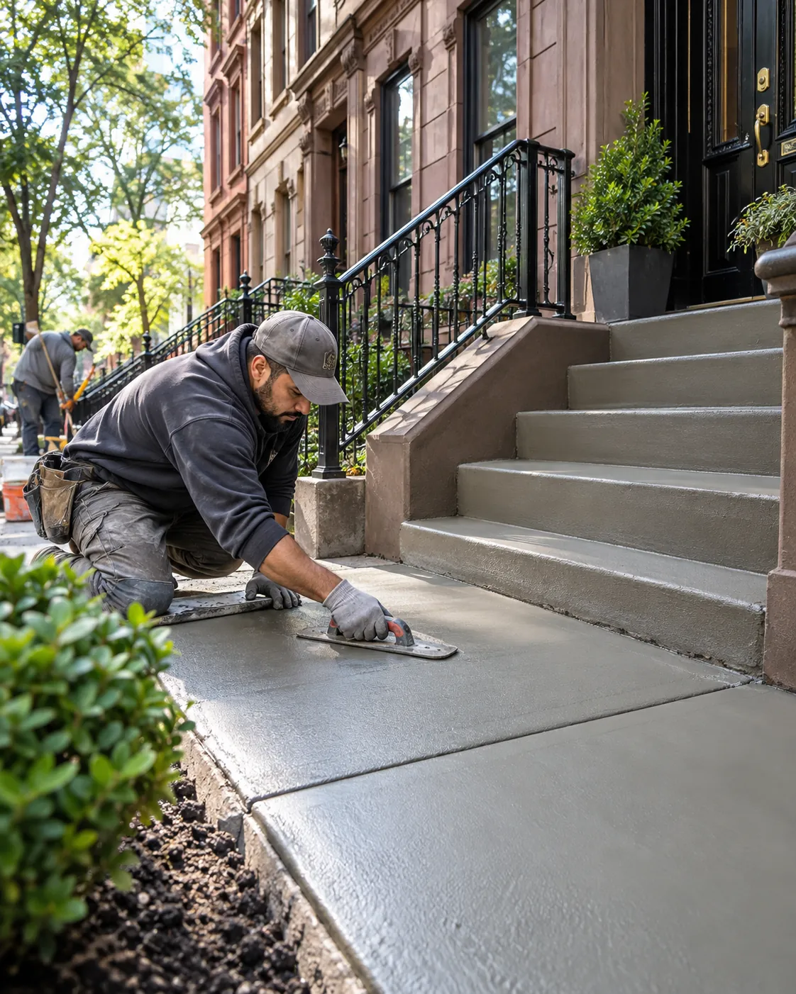 Concrete contractor finishing a newly installed concrete walkway beside the entrance steps of a New York City brownstone.