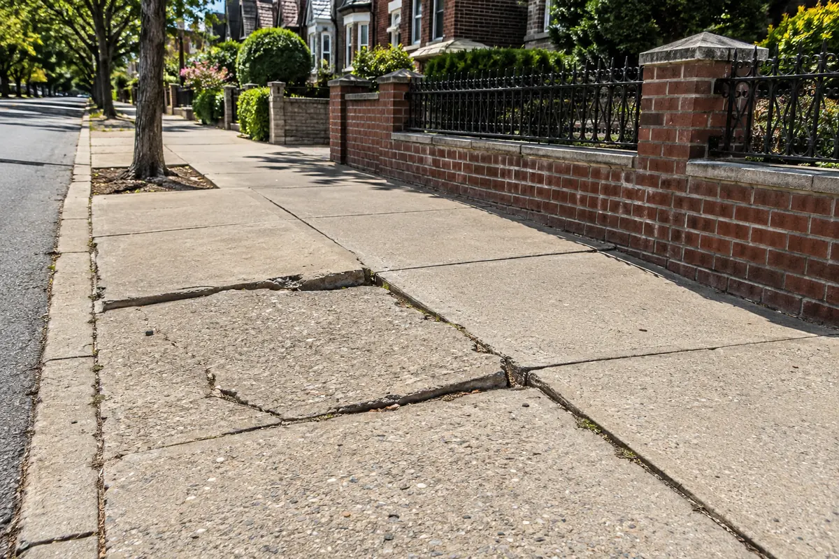 Cracked and uneven concrete sidewalk before repair at an NYC residential property