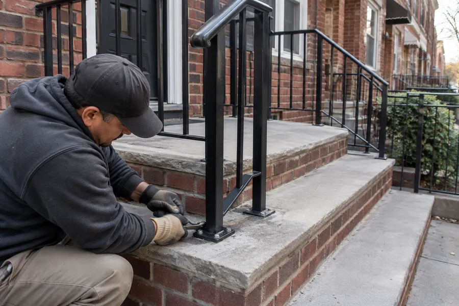Contractor repairing railing connections and concrete edges around an NYC stoop