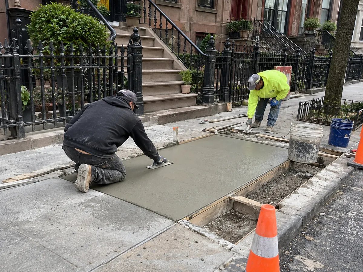 Concrete crew replacing a damaged sidewalk flag outside an NYC brownstone property
