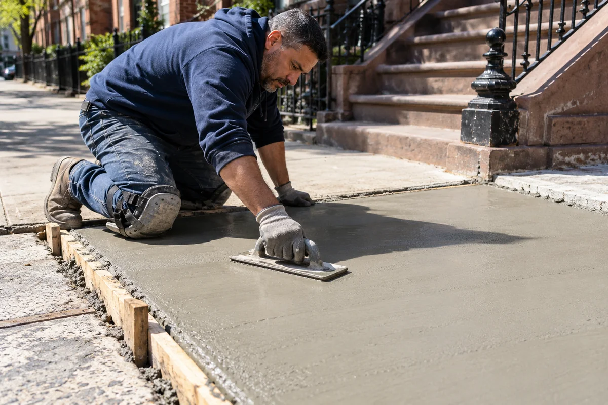 Concrete worker finishing a newly repaired sidewalk surface at an NYC property