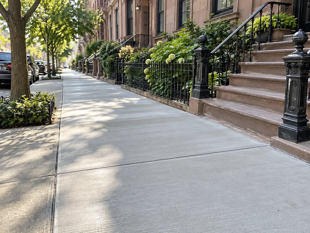 Newly installed concrete sidewalk outside NYC brownstone homes with smooth, broom-finished concrete panels
