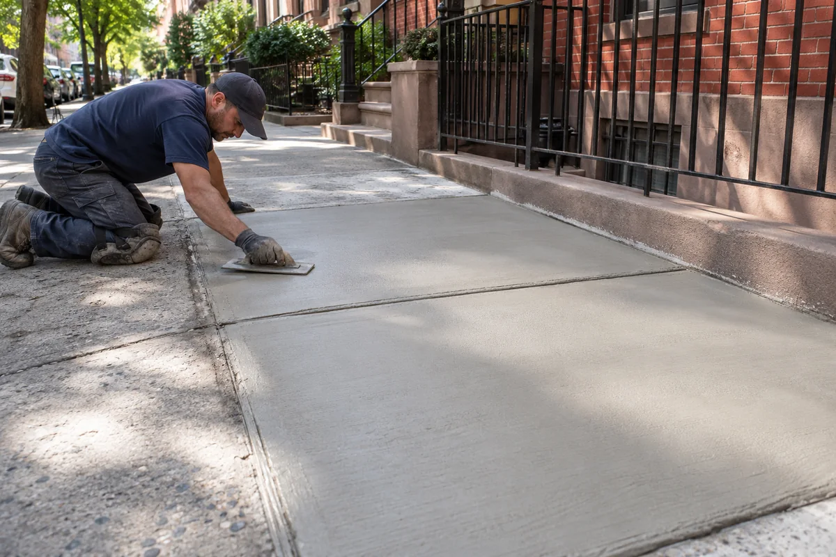 Concrete contractor finishing a newly repaired sidewalk section outside an NYC residential property