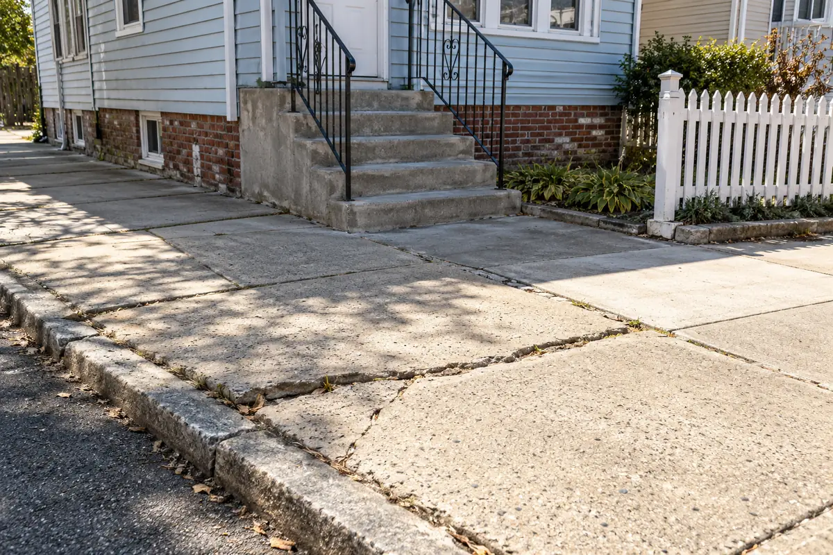 Cracked and deteriorated concrete sidewalk before sidewalk violation repair in NYC