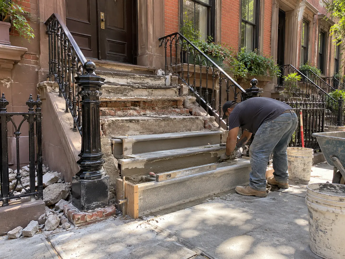 Contractor rebuilding damaged concrete stoop and steps at an NYC brownstone entrance