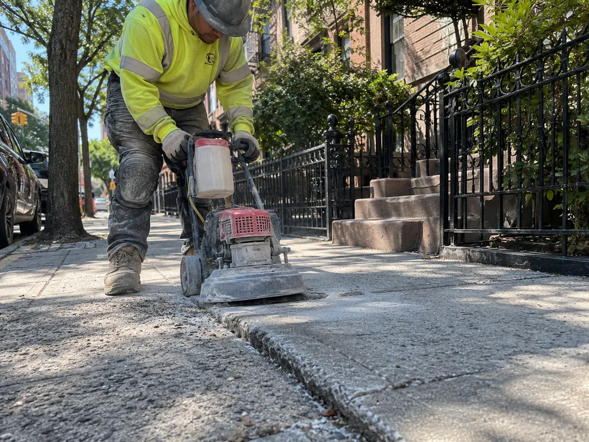 Contractor correcting a raised concrete sidewalk trip hazard at an NYC property