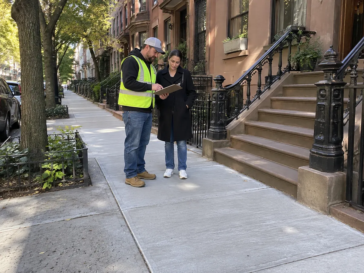 Contractor reviewing completed sidewalk repairs with property owner after concrete replacement