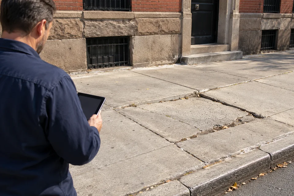 Sidewalk contractor inspecting damaged concrete and reviewing project details at an NYC property