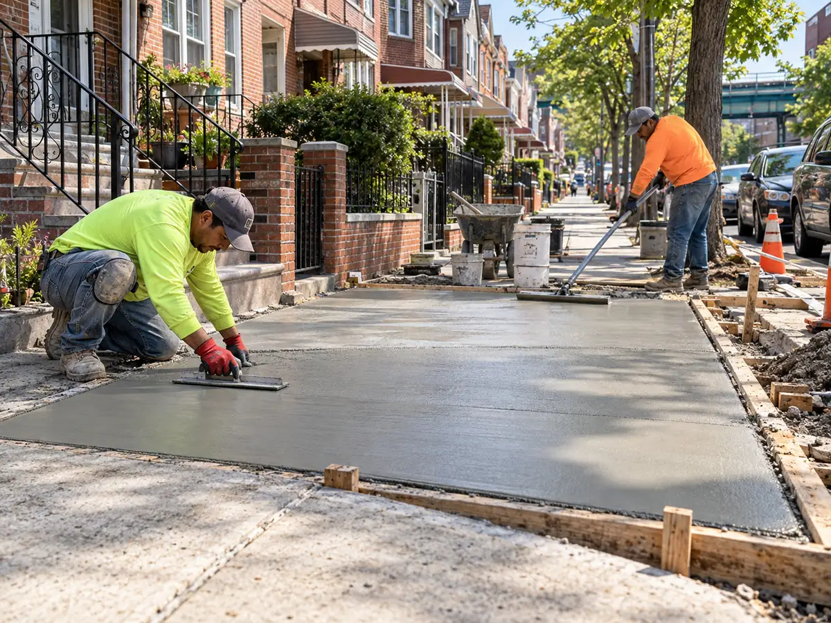Two concrete workers finishing a new sidewalk panel along a tree-lined street of brick houses.
