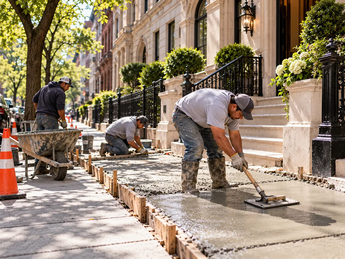 Concrete workers finishing a new sidewalk panel outside limestone townhouses with iron railings on an Upper East Side-style street.