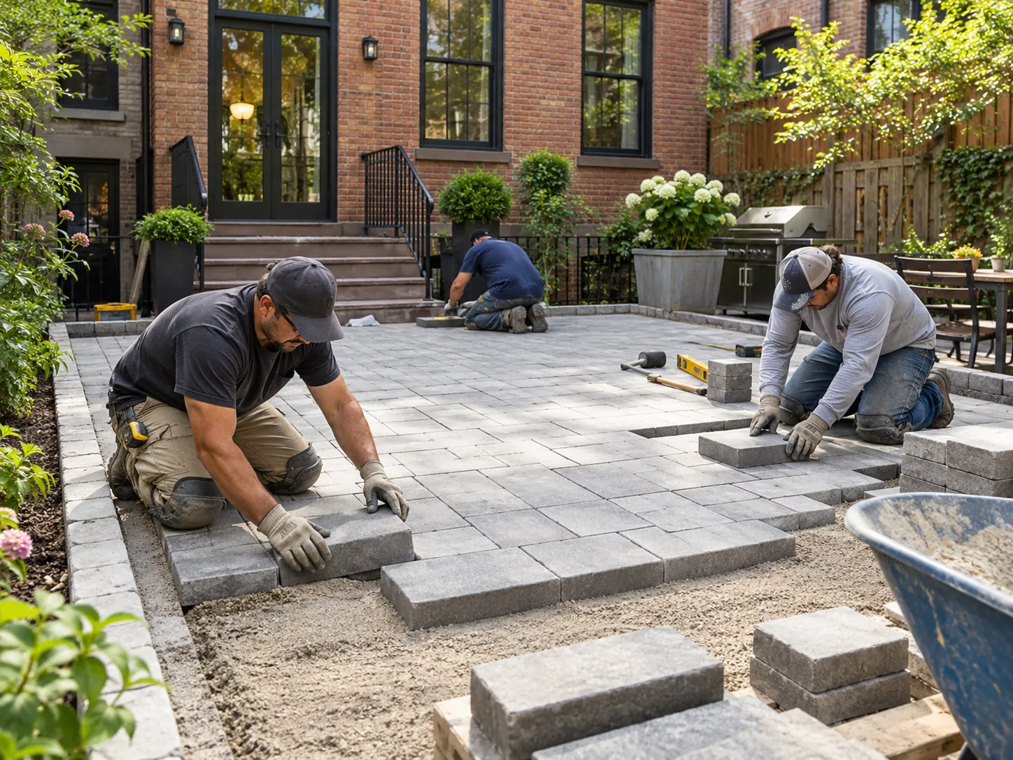 Contractors laying gray interlocking patio pavers on a prepared base in a New York City brownstone backyard.