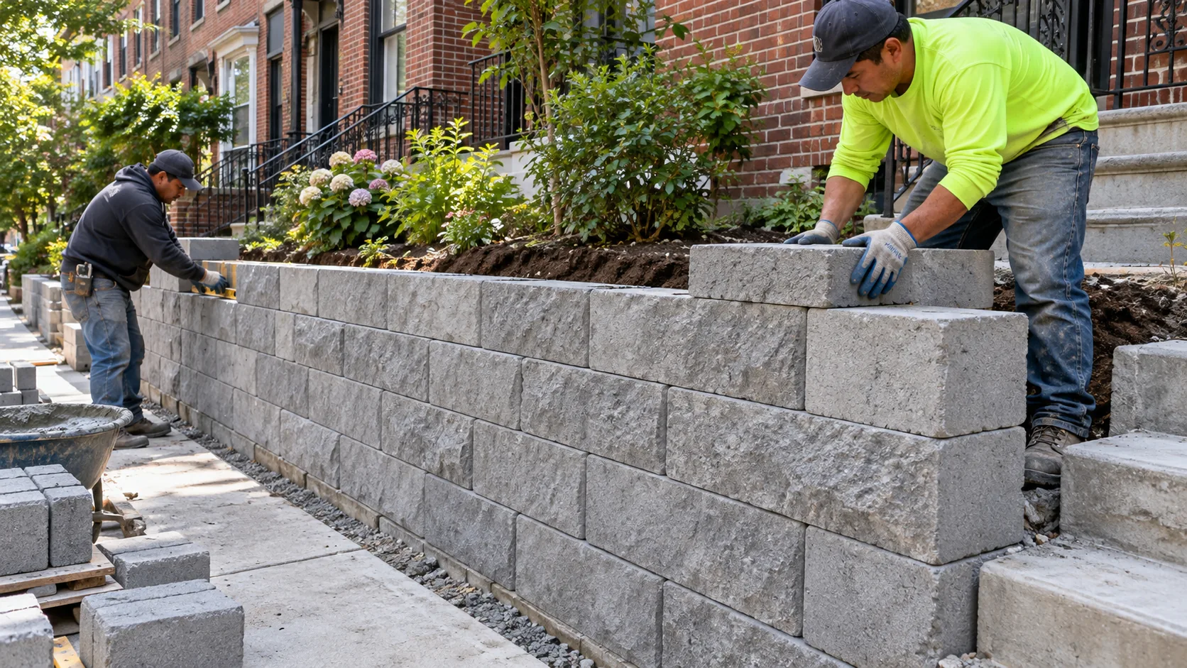 Two contractors installing and leveling concrete retaining wall blocks along a residential sidewalk outside brick homes.