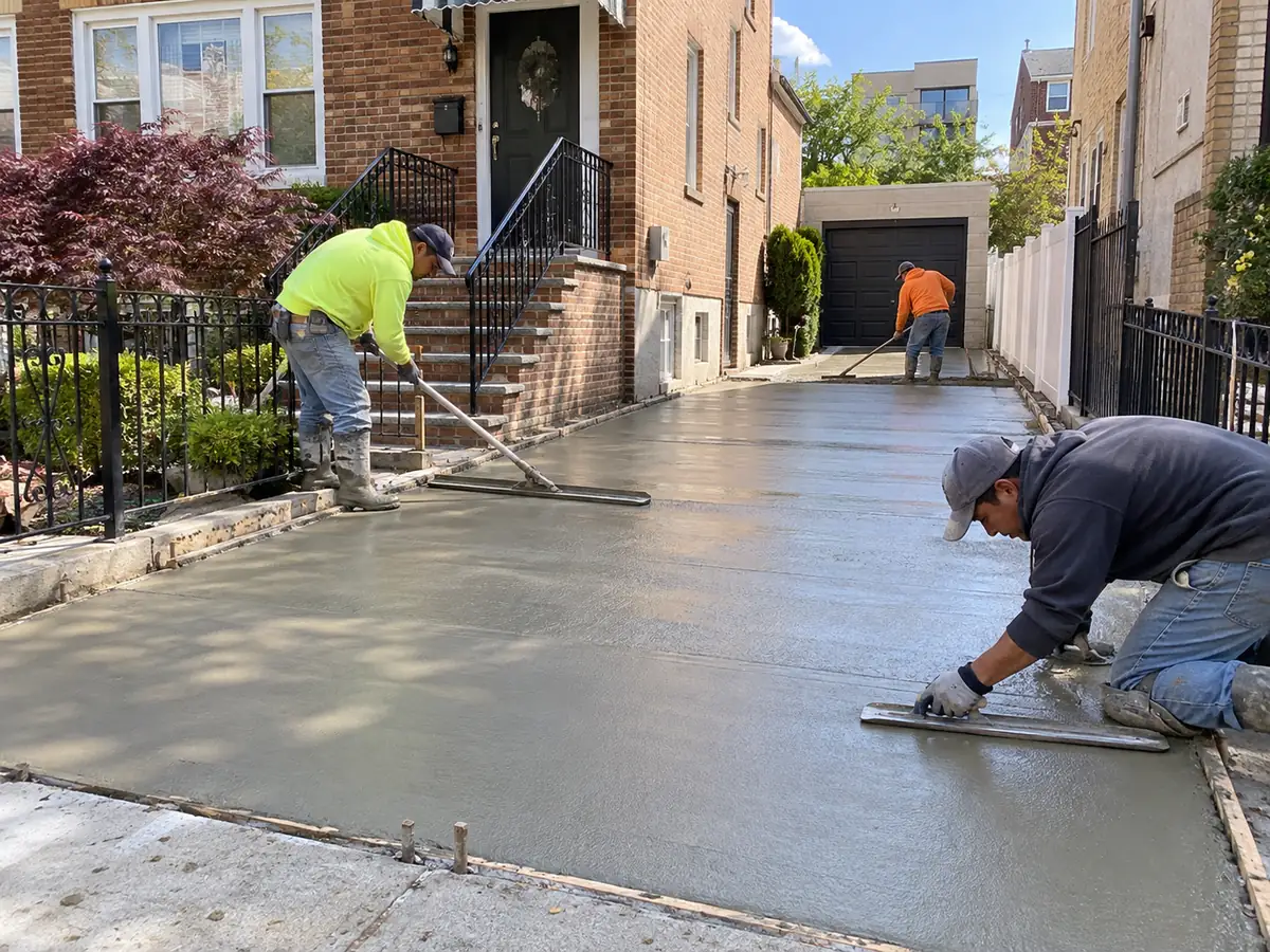 Contractors smoothing a newly poured concrete driveway beside a brick house and garage.