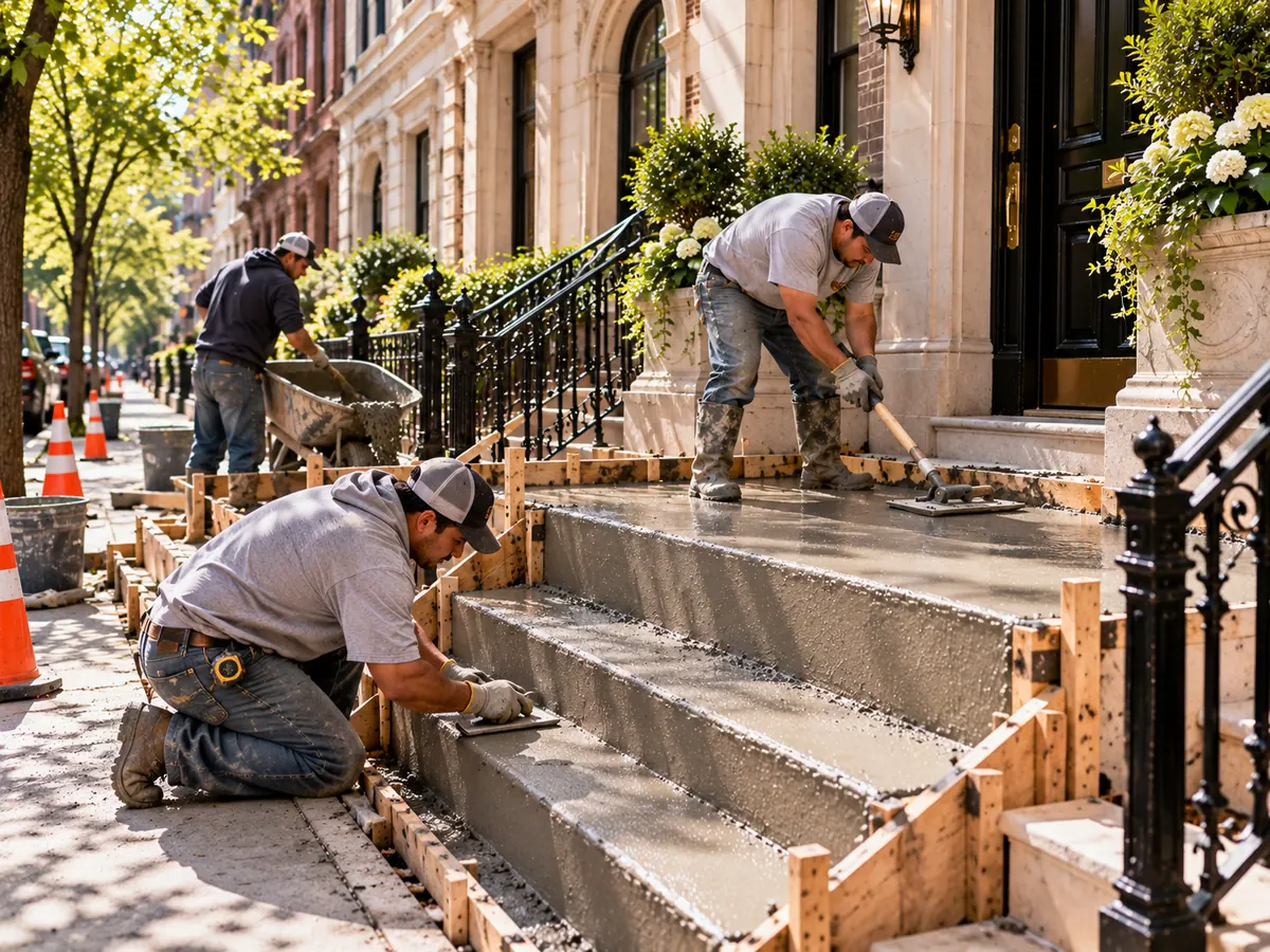Construction crew shaping and finishing new concrete entrance steps beside a Manhattan-style limestone townhouse and black iron railing.