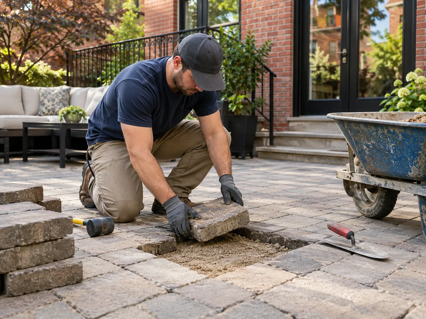 Contractor lifting and resetting a damaged patio paver during backyard paver repair beside an NYC brick townhouse.