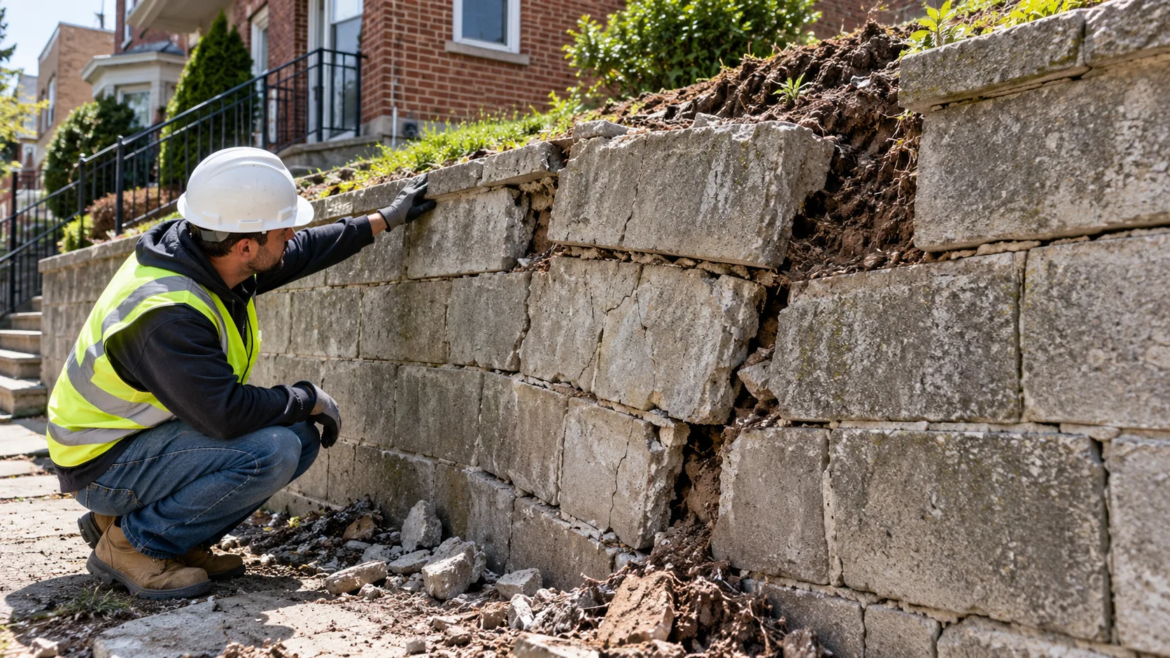 Contractor inspecting a cracked and displaced concrete block retaining wall beside a brick residential property.
