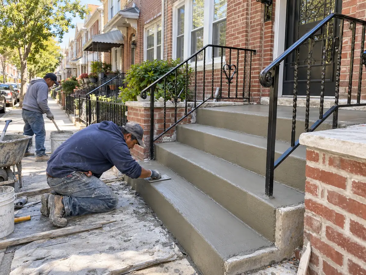 Worker smoothing fresh concrete on the front steps of a brick row house with iron railings.