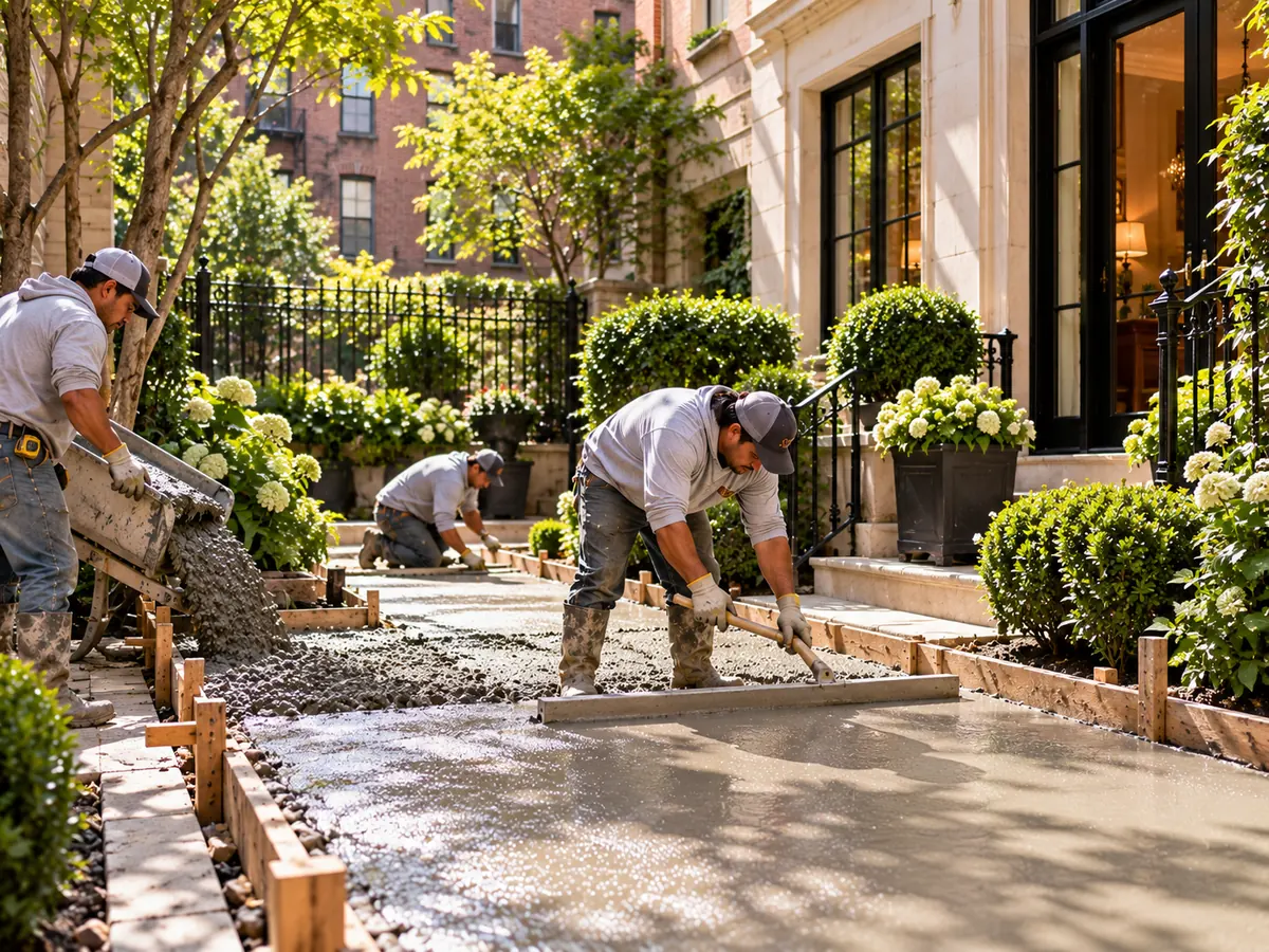 Contractor leveling freshly poured concrete in a landscaped townhouse courtyard beside an Upper East Side-style residential building.