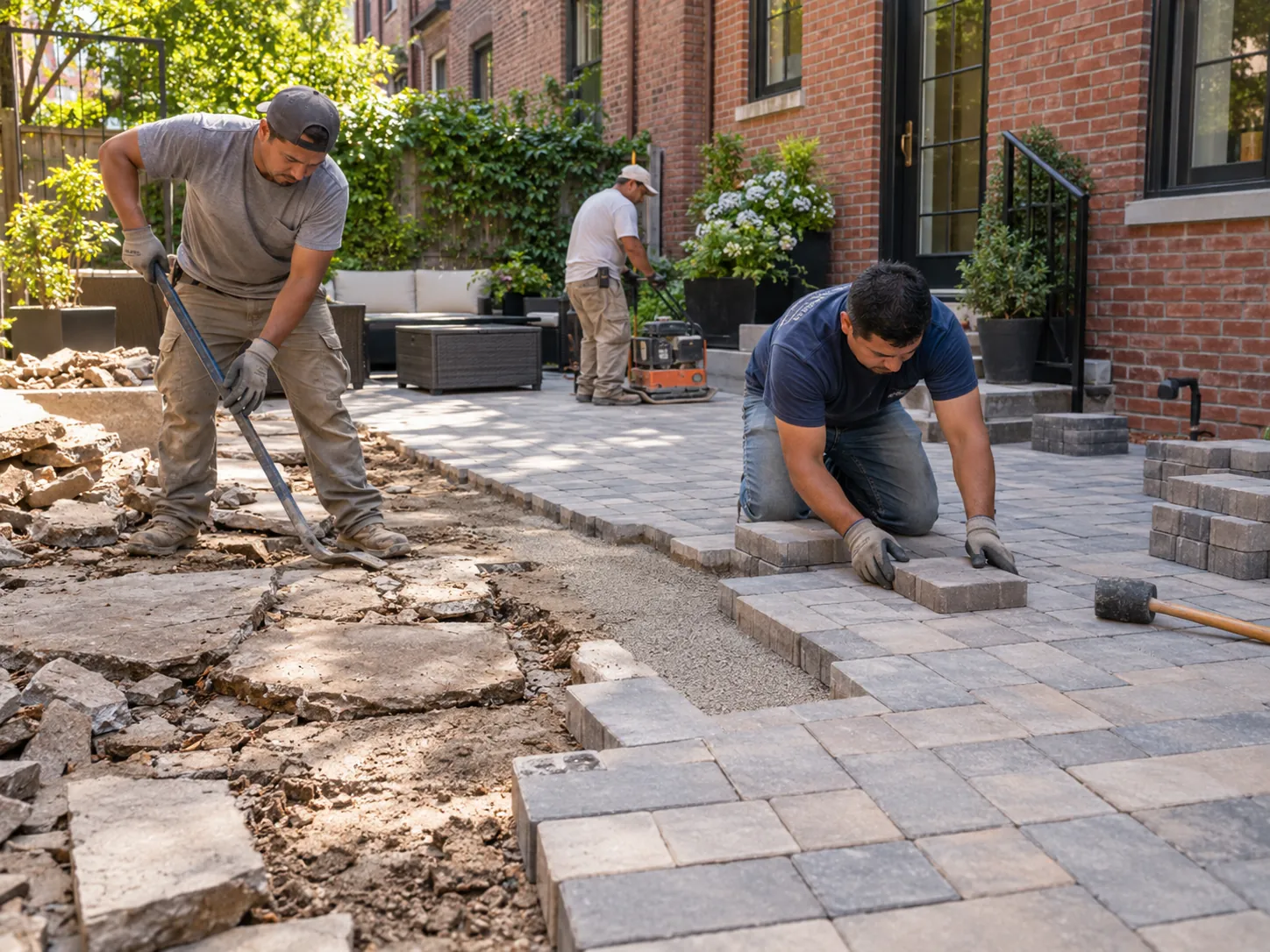 Workers replacing an old patio surface with gray interlocking pavers in a New York City residential courtyard.