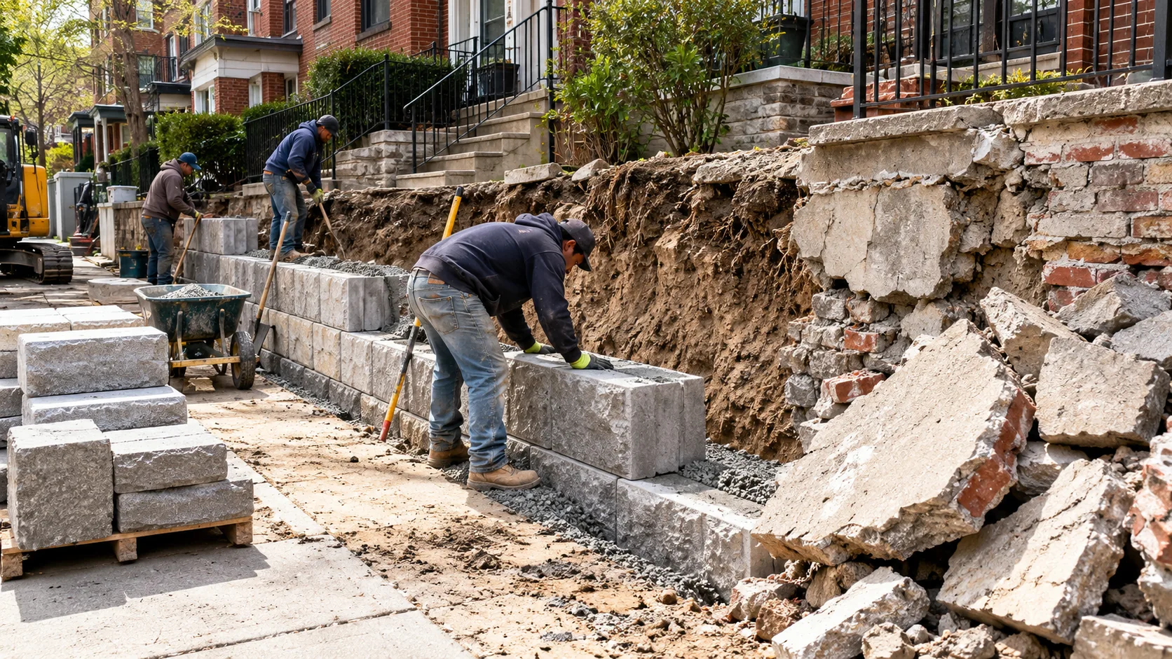 Construction workers rebuilding a concrete block retaining wall beside an excavated slope with old wall rubble nearby.