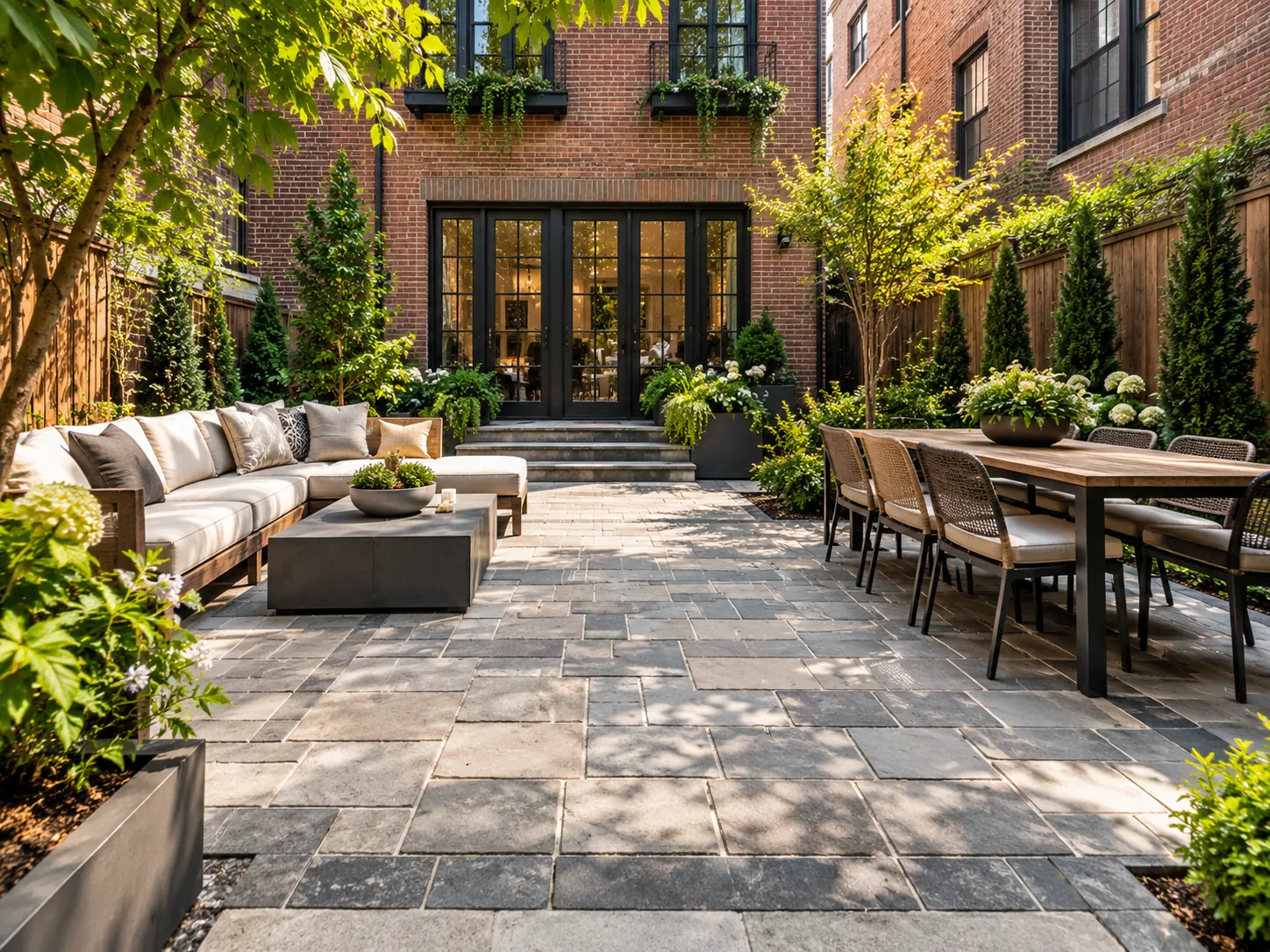 Finished gray and beige stone paver patio with outdoor seating, landscaping and brick homes in a New York City backyard.