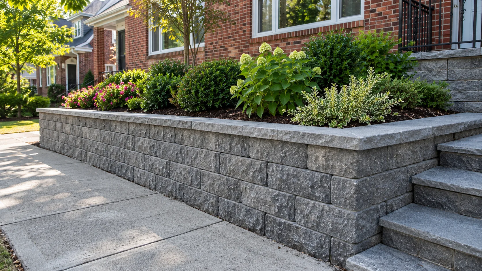 Finished gray concrete block retaining wall with capstones supporting a landscaped garden beside a brick home.