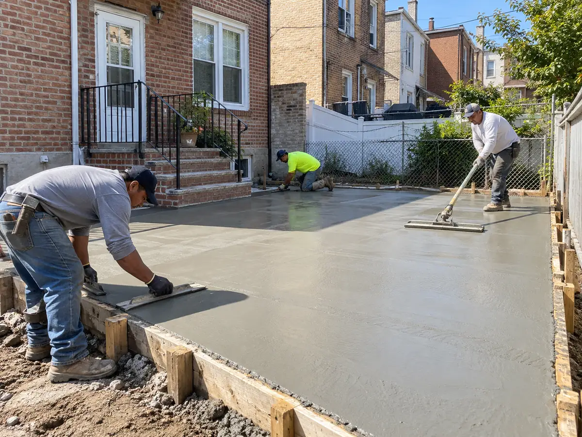 Construction workers finishing a concrete backyard patio between closely spaced brick homes.