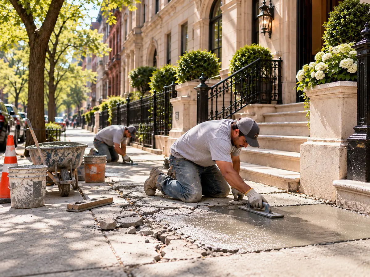 Worker smoothing fresh concrete next to a worn and broken sidewalk section outside an ornate Manhattan townhouse entrance.