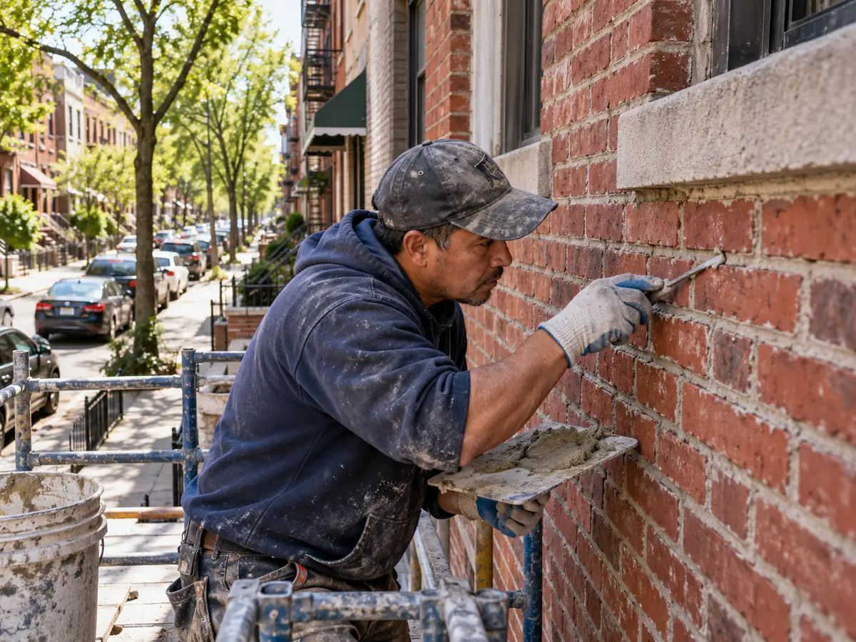 Mason repairing mortar joints with a pointing tool on a red brick wall above a city street.