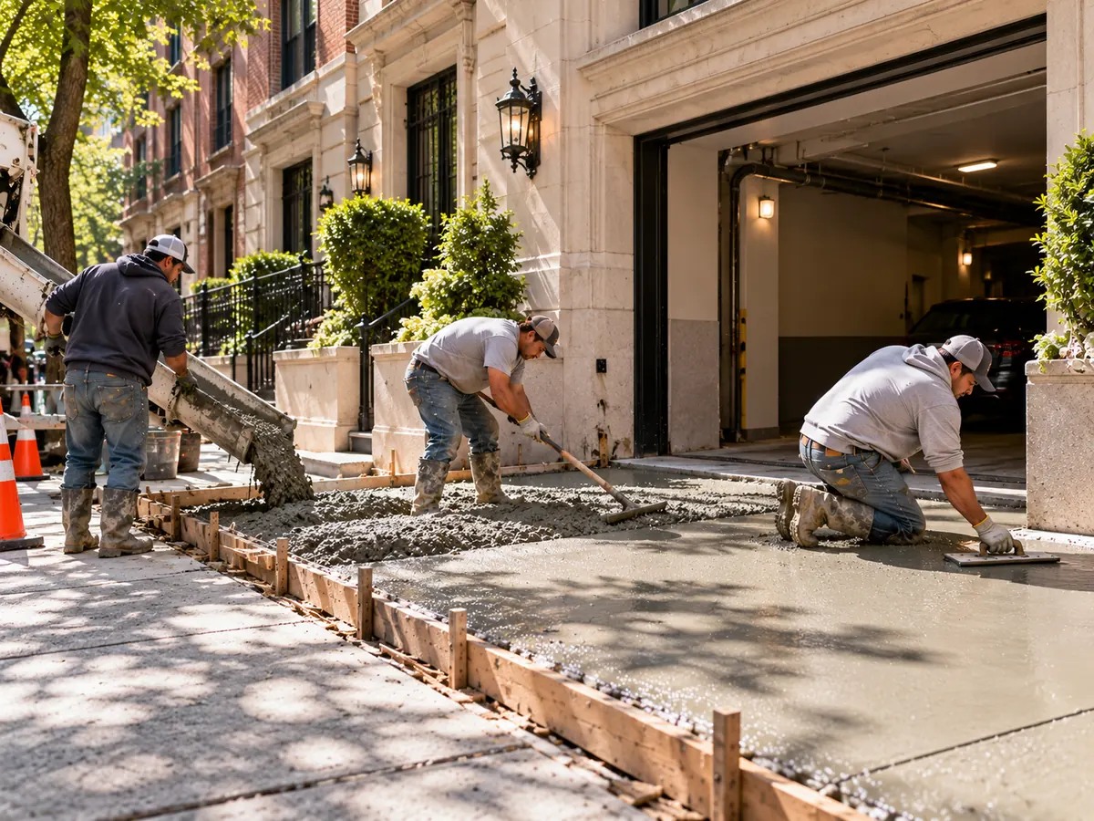 Concrete crew placing and finishing a new driveway apron at a garage entrance beneath a Manhattan residential building.