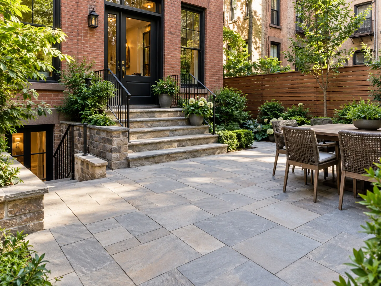 Stone paver courtyard with entrance steps, outdoor dining furniture and landscaping beside a New York City brownstone.