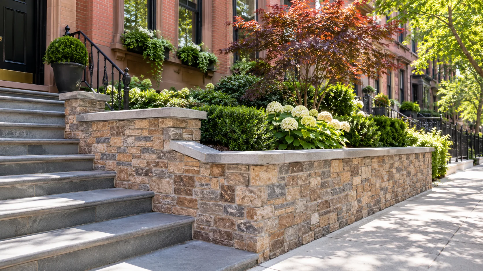 Stone-faced retaining wall with finished coping along landscaped entrance steps of a New York City brick townhouse.