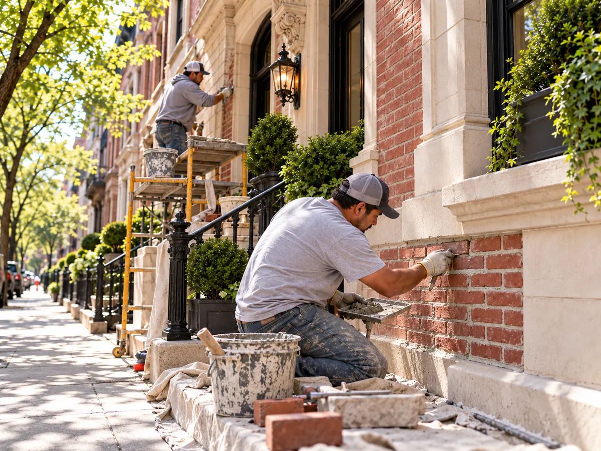 Mason repairing mortar joints in an exposed brick wall beside the limestone details of a Manhattan-style townhouse.